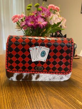 Red and Black Woven Pattern Crossbody Bag with Playing Card Accent